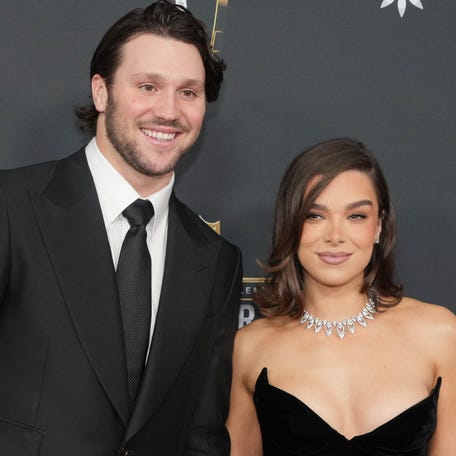 Feb 6, 2025; New Orleans, LA, USA; Josh Allen and Hailee Steinfeld on the red carpet before Super Bowl LIX NFL Honors at Saenger Theatre. Mandatory Credit: Kirby Lee-Imagn Images