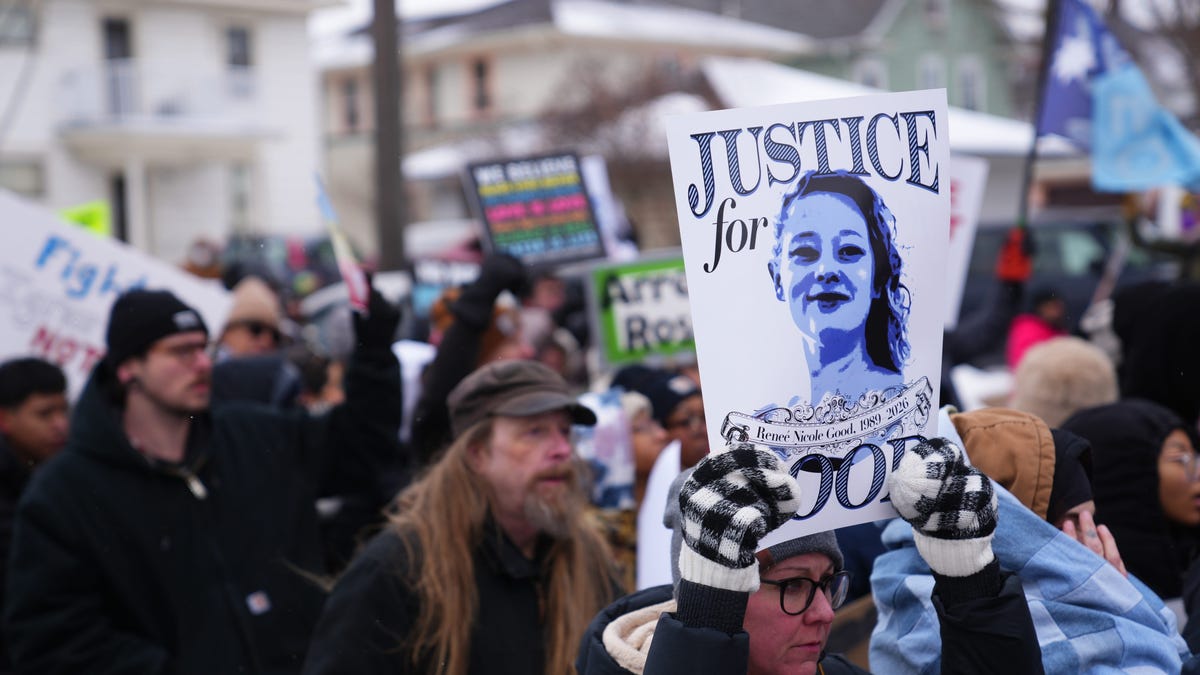 Protesters gather in Minneapolis on Jan. 10, 2026, after the fatal shooting of Renee Nicole Good by a federal immigration agent.