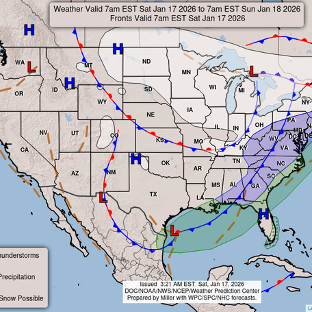 The national weather forecast for Saturday, Jan. 17, 2026, shows where a chance for snow and mixed precipitation are possible in the central and eastern parts of the country.