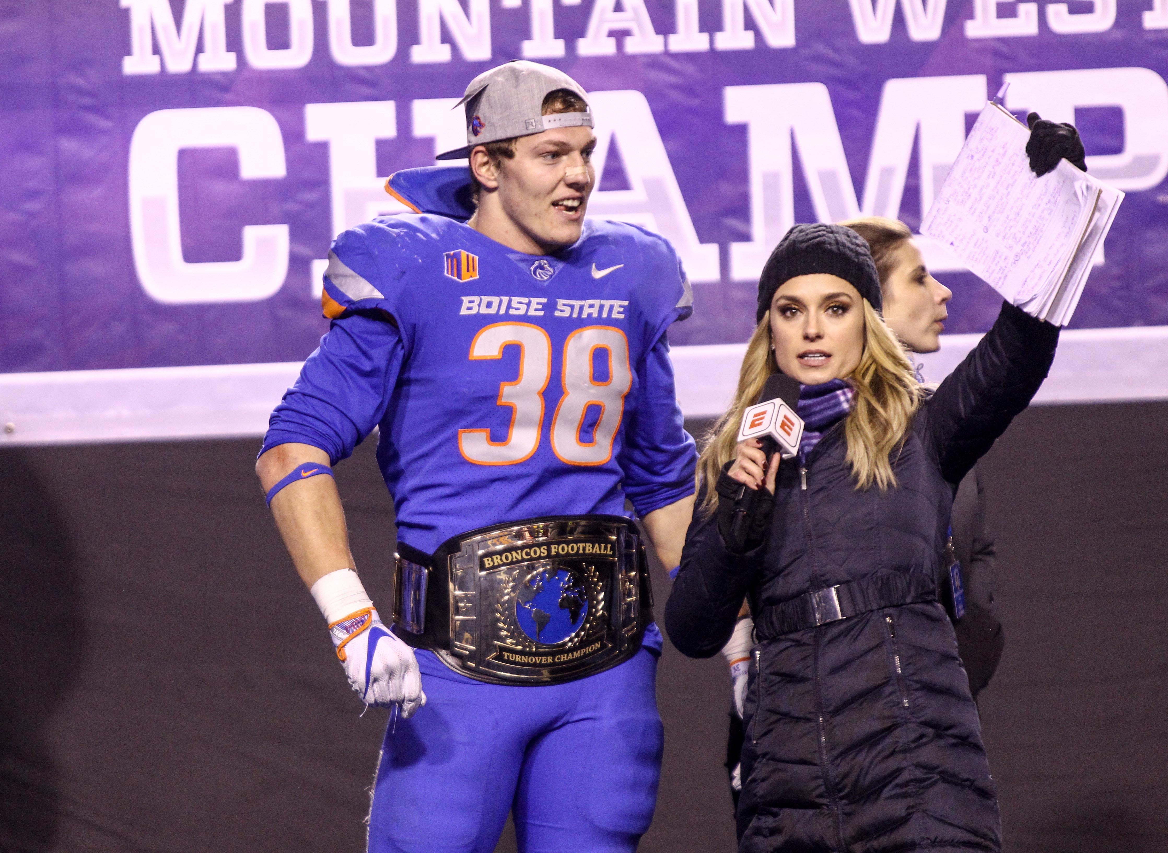 Boise State Broncos linebacker Leighton Vander Esch is interviewed by ESPN reporter Molly McGrath after the Mountain West Championship Game.