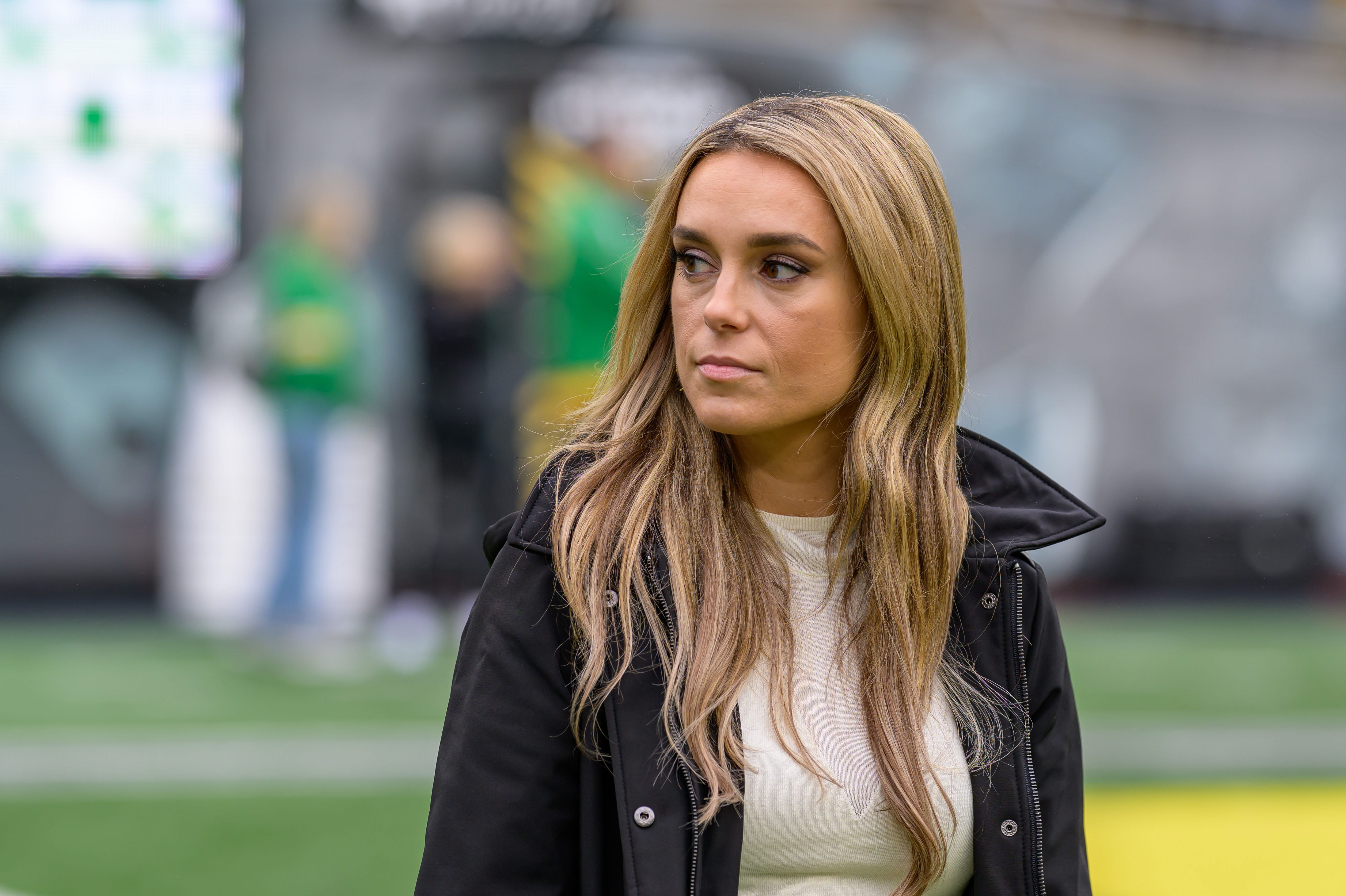ESPN reporter Molly McGrath on the sidelines at Autzen Stadium.