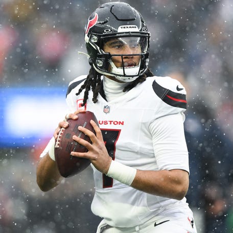 Houston Texans quarterback C.J. Stroud (7) warms up before an AFC Divisional Round game against the New England Patriots at Gillette Stadium in Foxborough, Massachusetts on Jan. 18, 2026.