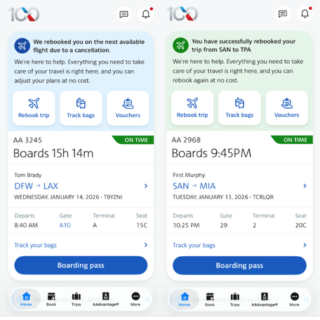 Preview of American Airlines' new app layout for flight disruptions