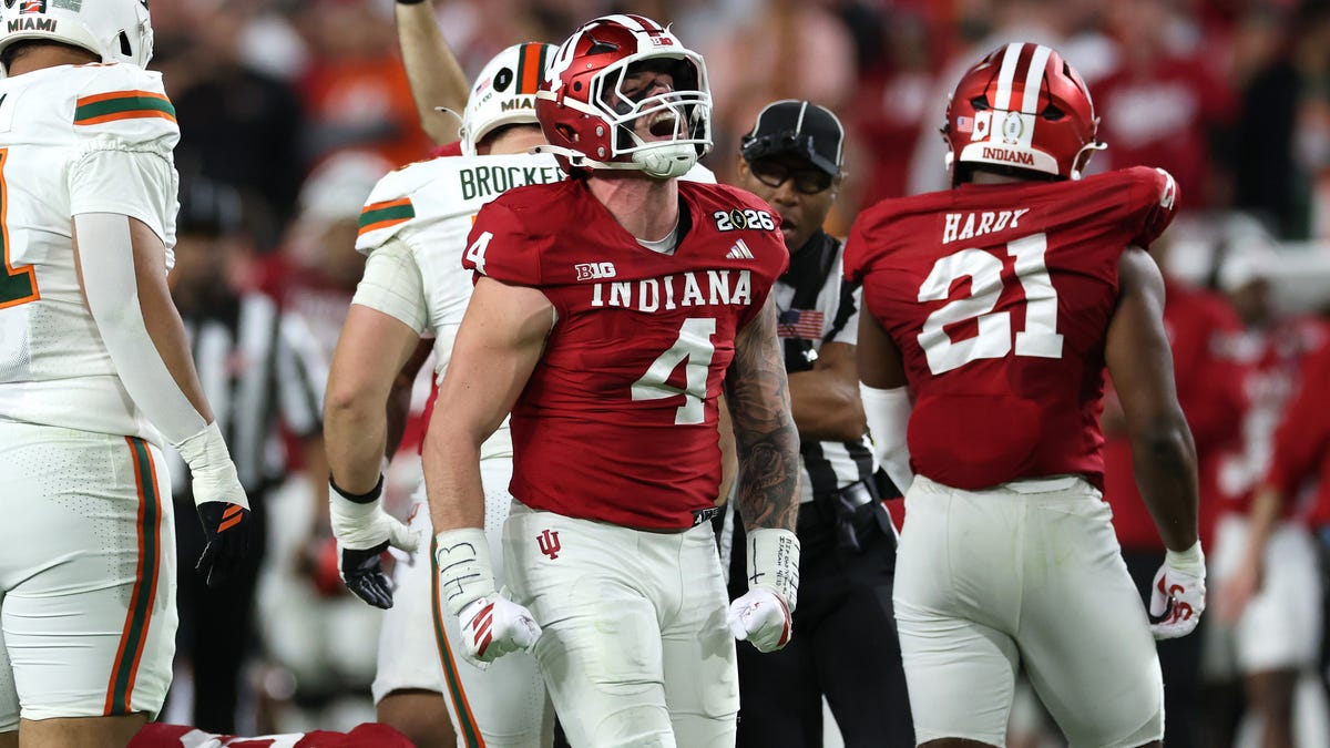 Indiana linebacker Aiden Fisher reacts after his sack against Miami during the College Football Playoff national championship game at Hard Rock Stadium on Jan. 19, 2026 in Miami Gardens, Fla.