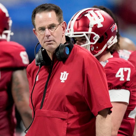Indiana head coach Curt Cignetti looks over the field during the Peach Bowl and semifinal game of the College Football Playoff against Oregon at Mercedes-Benz Stadium in Atlanta on Jan. 9, 2026.