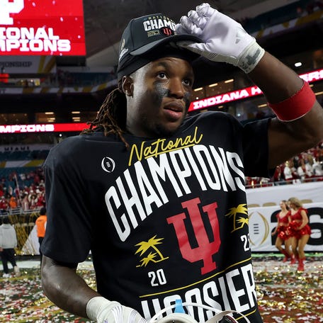 Indiana running back Roman Hemby celebrates after his team defeated Miami in the College Football Playoff national championship game at Hard Rock Stadium in Miami Gardens, Fla., on Jan. 19, 2026.