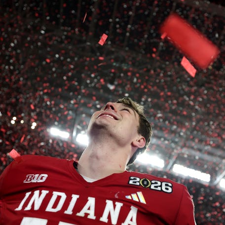 MIAMI GARDENS, FLORIDA - JANUARY 19: Fernando Mendoza #15 of the Indiana Hoosiers celebrates after defeating Miami Hurricanes 27-21 in the 2026 College Football Playoff National Championship at Hard Rock Stadium on January 19, 2026 in Miami Gardens, Florida. (Photo by Patrick Smith/Getty Images)