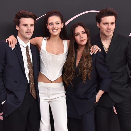 From right, Brooklyn Beckham, Victoria Beckham, Nicola Peltz Beckham and Cruz Beckham arrive for the premiere of the movie "Lola" at the Bruin Theatre, in Los Angeles on Feb. 3, 2024.