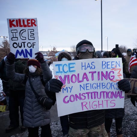Protesters rally at a federal building in Minneapolis on Jan. 17, 2026, against U.S. Immigration and Customs Enforcement.