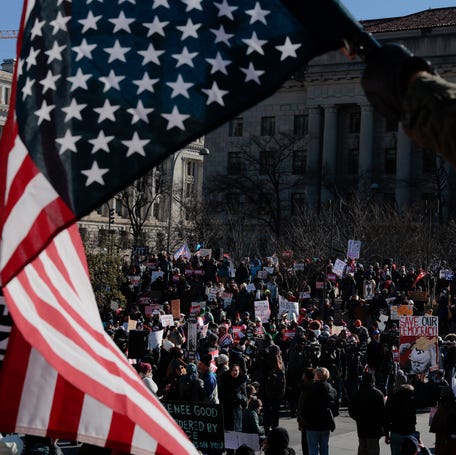 Protesters rally on Jan. 20, 2026, in Washington, DC, against the Trump administration.