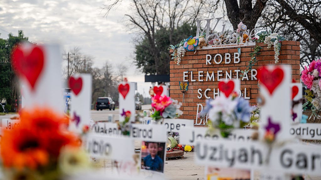 UVALDE, TEXAS - JANUARY 06: A memorial dedicated to the 19 children and two adults murdered on May 24, 2022 during a mass shooting at Robb Elementary School is seen on January 06, 2026 in Uvalde, Texas. The first trial over law enforcement's delayed response to the Uvalde school shooting began yesterday, with former Uvalde school officer Adrian Gonzales standing trial in Corpus Christi. Gonzales faces 29 counts of child endangerment. The trial is a rare case in which a law enforcement   officer could be convicted for allegedly failing to respond to criminal activity in an appropriate manner. (Photo by Brandon Bell/Getty Images)