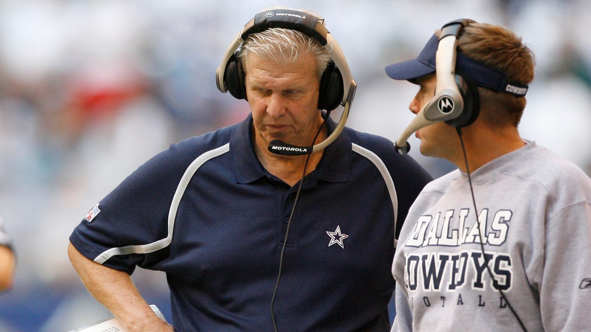 This file photo from 2005 shows Cowboys coach Bill Parcells, left, on the sideline with coach Sean Payton during a game against the Eagles at Texas Stadium in Irving, Texas on Oct. 9, 2005.