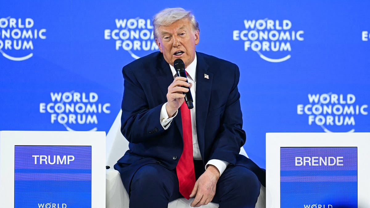 President Donald Trump speaks during the World Economic Forum annual meeting in Davos on Jan. 21, 2026.