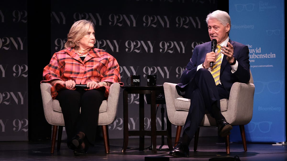 Secretary Hillary Rodham Clinton and President Bill Clinton speak onstage during In Conversation with David Rubenstein at The 92nd Street Y, New York on May 4, 2023 in New York City.