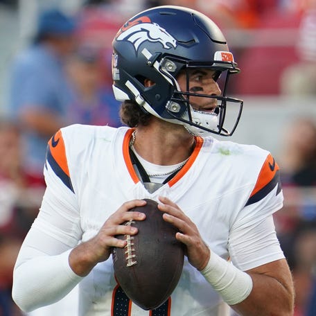 Denver Broncos quarterback Jarrett Stidham (8) drops back to pass in the second quarter against San Francisco 49ers at Levi's Stadium.