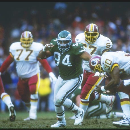 Defensive lineman Kevin Johnson of the Philadelphia Eagles moves down the field during a game against the Washington Redskins at RFK Stadium in Washington, D. C. The Eagles won the game, 14-7.