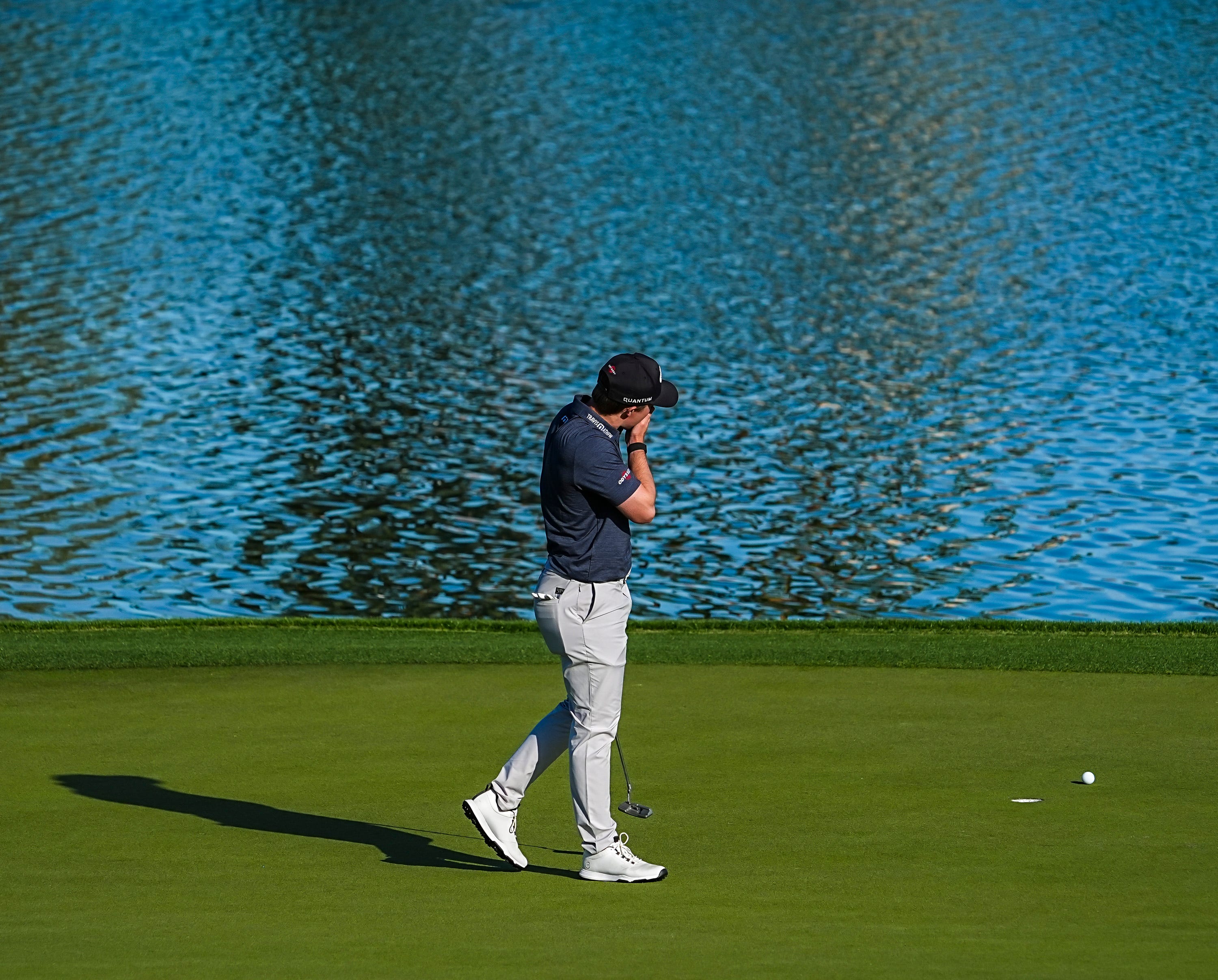 Blades Brown reacts to a narrowly missed putt on the ninth green, crumbling his shot at scoring a 59, on the Nicklaus Tournament Course during the second round of The American Express in La Quinta, Calif., Friday, Jan. 23, 2026.