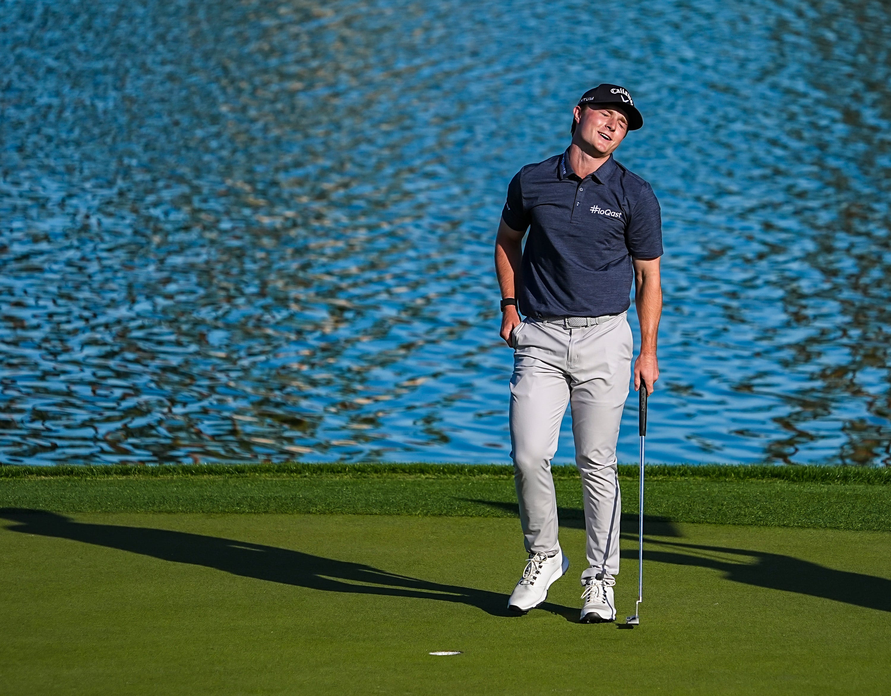 Blades Brown reacts to his final putt after narrowly missing a birdie putt for a 59 score on the ninth green of the Nicklaus Tournament Course during the second round of The American Express in La Quinta, Calif., Friday, Jan. 23, 2026.