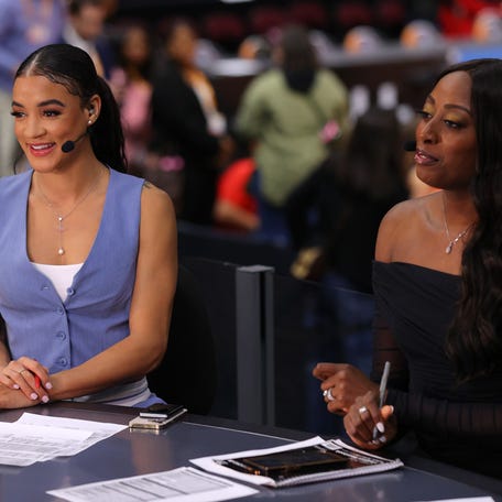 TV personalities Andraya Carter and Chiney Ogwumike speak during an open practice session ahead of the 2024 NCAA Women's Basketball Final Four National Championship at Rocket Mortgage Fieldhouse on April 06, 2024 in Cleveland, Ohio.