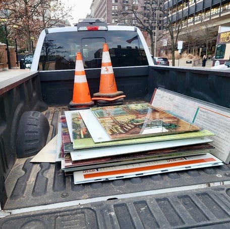 Signage at from the President's House in Philadelphia was removed and loaded into the back of a truck on Jan. 22. The site commemorates enslaved people who lived and worked there while George Washington was in Philadelphia.