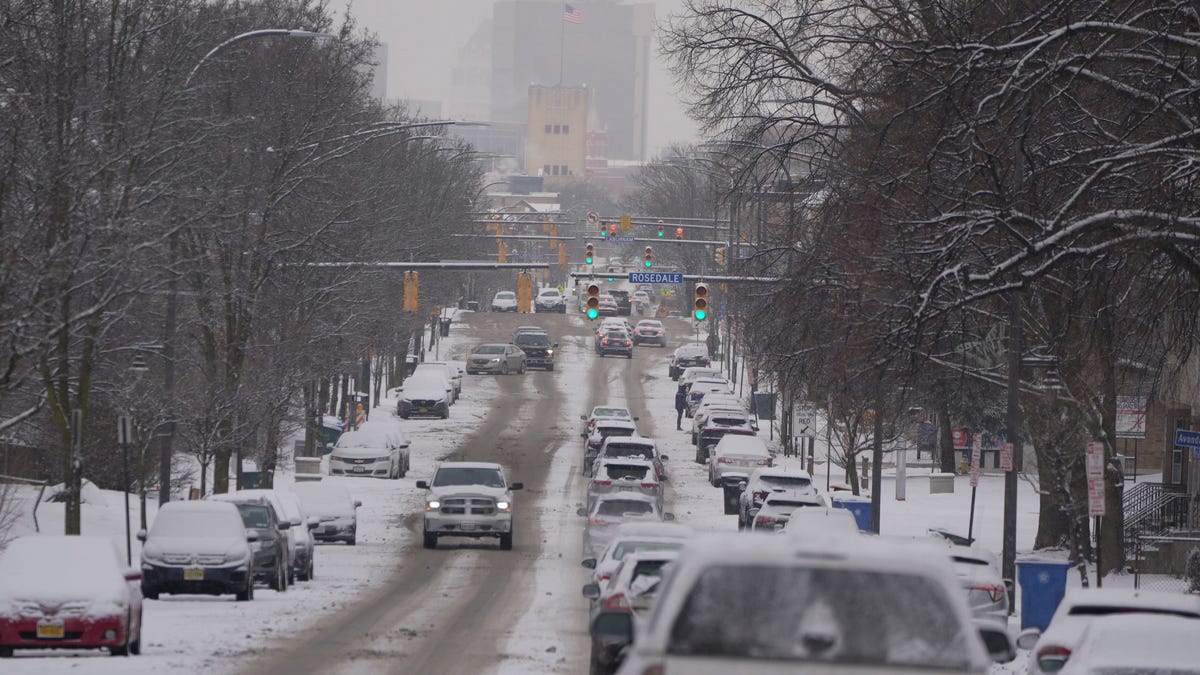 A view of downtown Rochester, New York, from Monroe Avenue after overnight snowfall on Jan. 22, 2026.