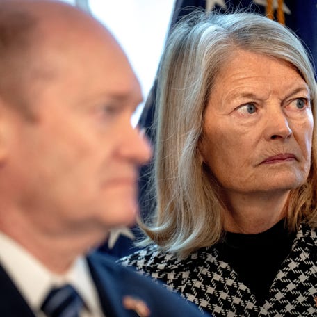 U.S. Senator Lisa Murkowski (R-AK) and U.S. Senator Chris Coons (D-DE) attend a press conference with an American delegation, consisting of senators and members of the House of Representatives, in Copenhagen, Denmark January 17, 2026.