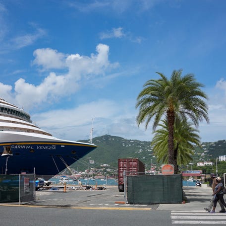 A cruise ship is docked on St. Thomas, U.S. Virgin Islands, October 22, 2025.