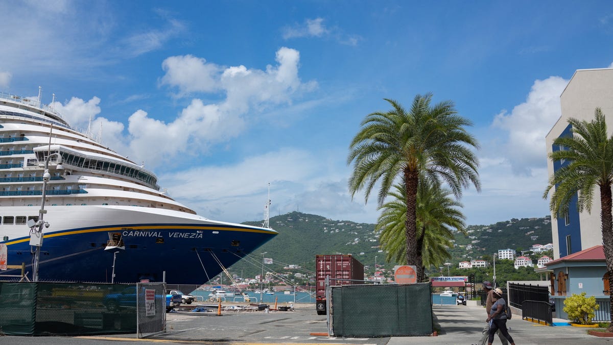 A cruise ship is docked on St. Thomas, U.S. Virgin Islands, October 22, 2025.