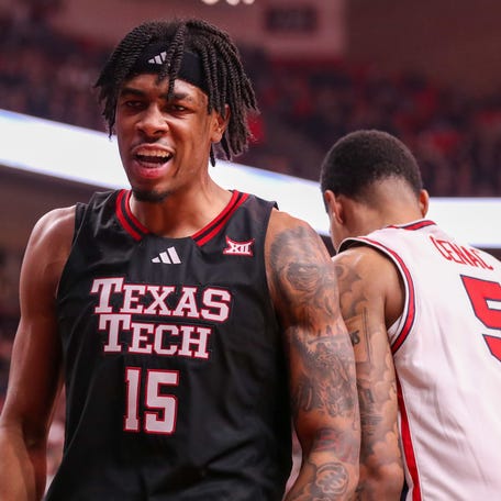Texas Tech's JT Toppin reacts to drawing a foul on a basket against Houston during a Big 12 Conference men's basketball game, Saturday, Jan. 24, 2026, in United Supermarkets Arena.