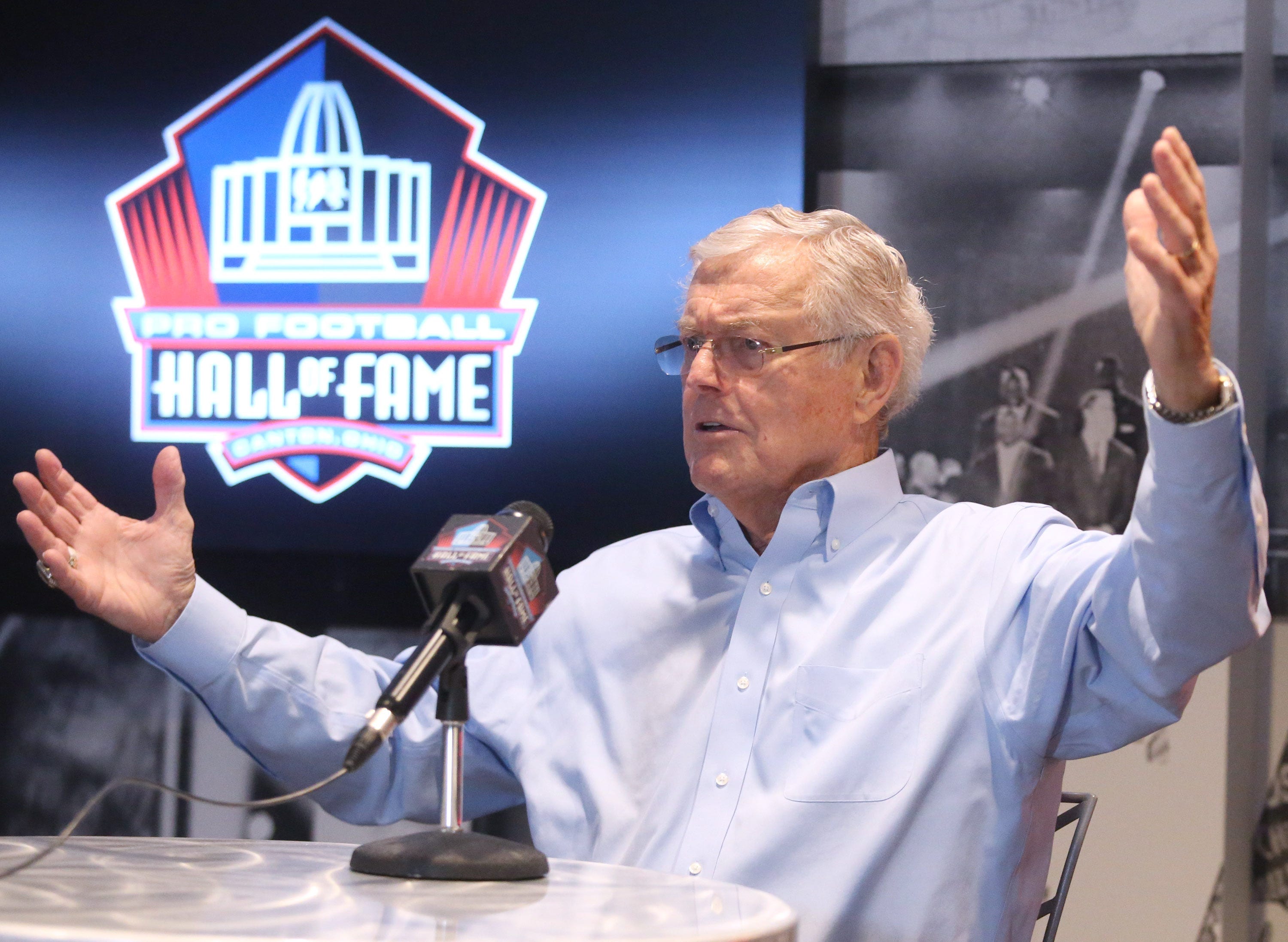 Dick Vermeil speaks to the media at the Pro Football Hall of Fame in Canton on Wednesday, April 6, 2022.