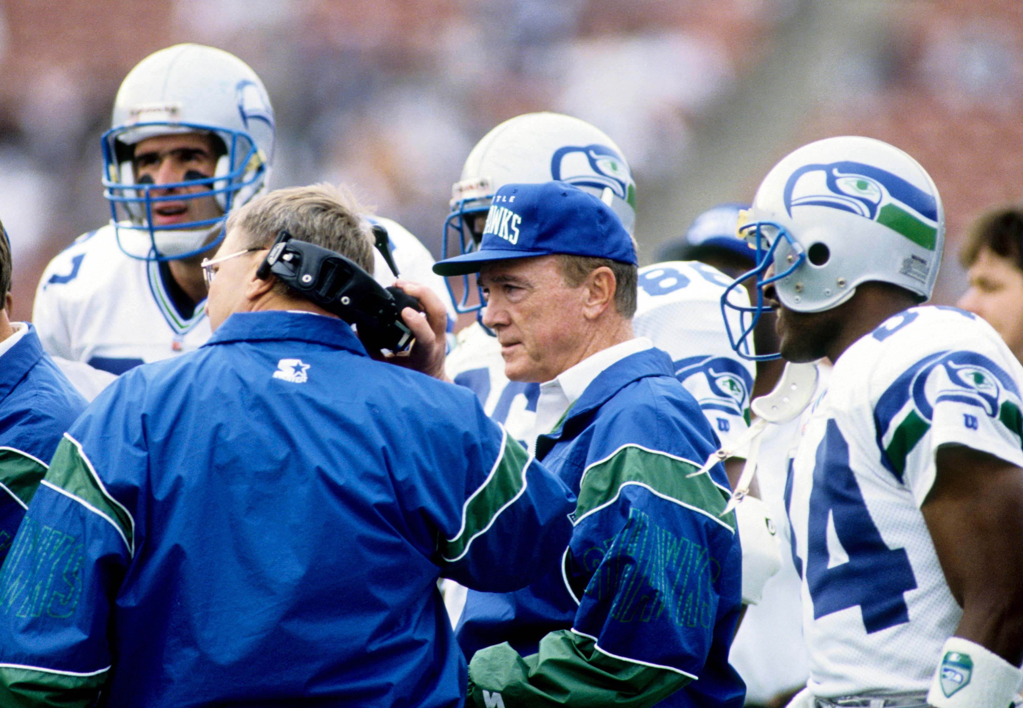Seattle Seahawks head coach Chuck Knox on the sideline against the Los Angeles Raiders at Los Angeles Memorial Coliseum.