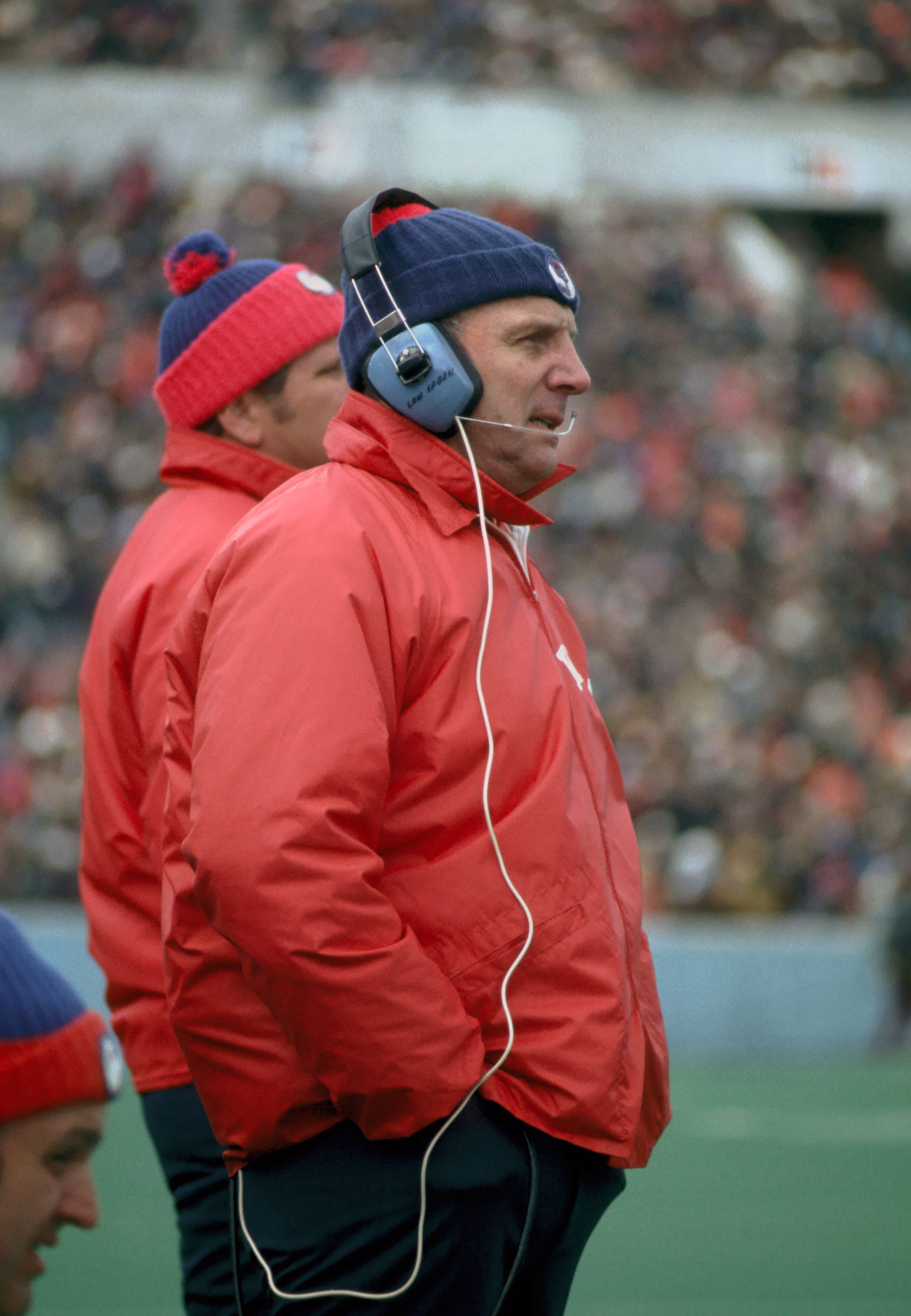 Buffalo Bills head coach Lou Saban on the sidelines against the Chicago Bears at Rich Stadium.