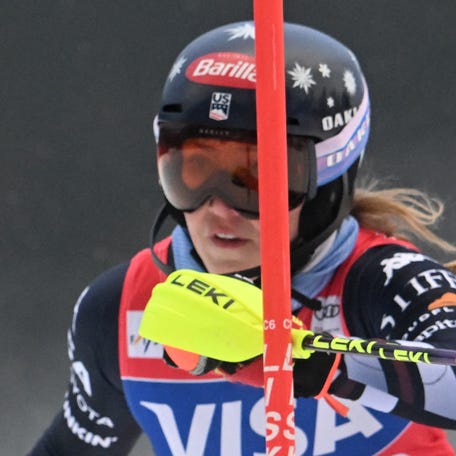 Mikaela Shiffrin competes in the first run of the women' slalom of FIS Alpine Skiing World Cup in Spindleruv Mlyn, Czech Republic on Jan. 25, 2026.