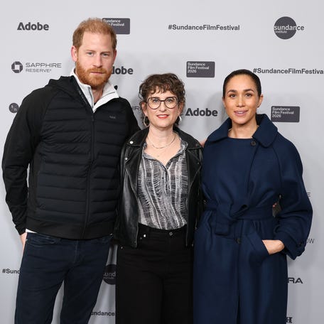 PARK CITY, UTAH - JANUARY 25: (L-R) Prince Harry, Duke of Sussex, Alysa Nahmias and Meghan, Duchess of Sussex attend the "Cookie Queens" Premiere during the 2026 Sundance Film Festival at Eccles Center Theater on January 25, 2026 in Park City, Utah. (Photo by Cindy Ord/Getty Images)
