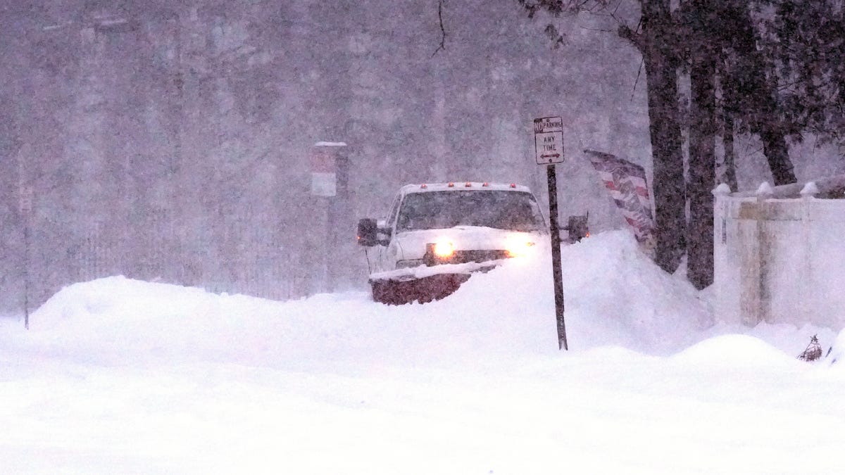 A snowplow at work on a parking lot in Blauvelt, NY on Jan. 25, 2026.