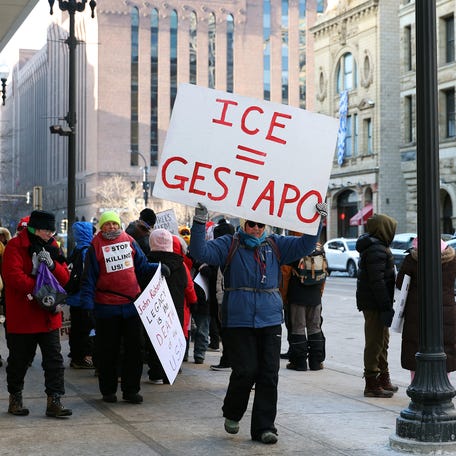 Demonstrators protest Immigration and Customs Enforcement in Minneapolis on Jan. 25, 2026.
