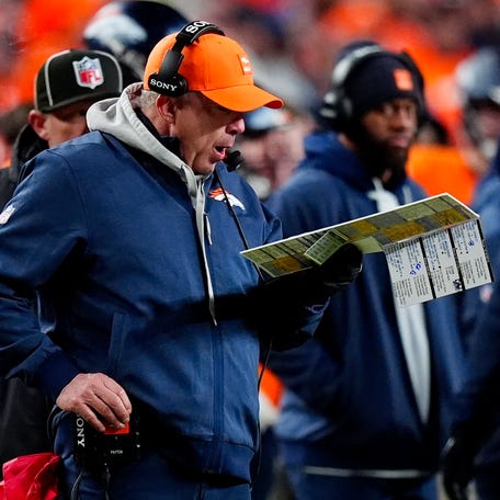 Jan 17, 2026; Denver, CO, USA; Denver Broncos head coach Sean Payton calls a play during the fourth quarter of an AFC Divisional Round playoff game against the Buffalo Bills at Empower Field at Mile High. Mandatory Credit: Ron Chenoy-Imagn Images