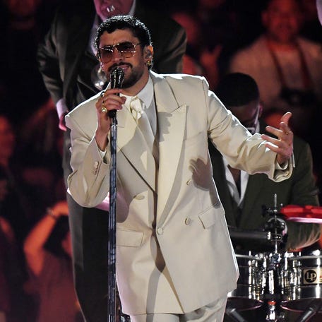 Puerto Rican rapper Bad Bunny performs during his "Debi tirar mas fotos" world tour at the Atanasio Girardot Stadium in Medellin, Colombia, on January 23, 2026. (Photo by Jaime SALDARRIAGA / AFP via Getty Images)