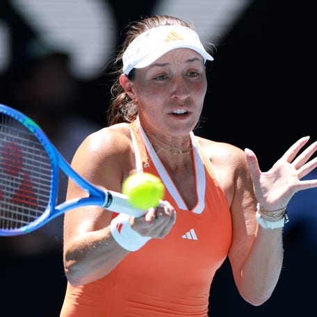 Jessica Pegula plays a forehand during her Round of 16 match against Madison Keys at the 2026 Australian Open.