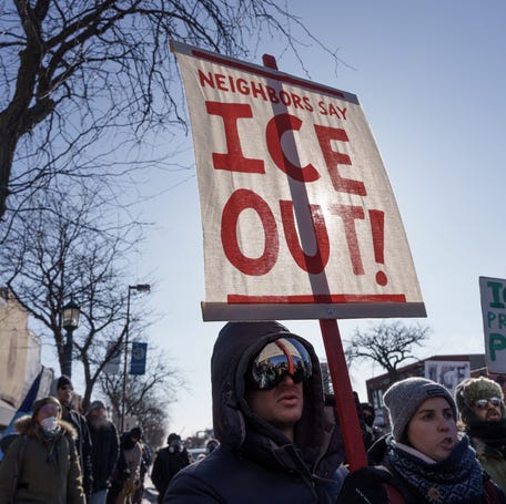 Protesters rally against Immigration and Customs Enforcement in Minneapolis near where federal border agents fatally shot Alex Pretti on Jan. 24, 2026.
