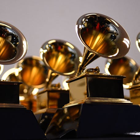Grammy Award trophies are seen in the press room during the 64th Annual Grammy Awards at the MGM Grand Garden Arena in Las Vegas on April 3, 2022.