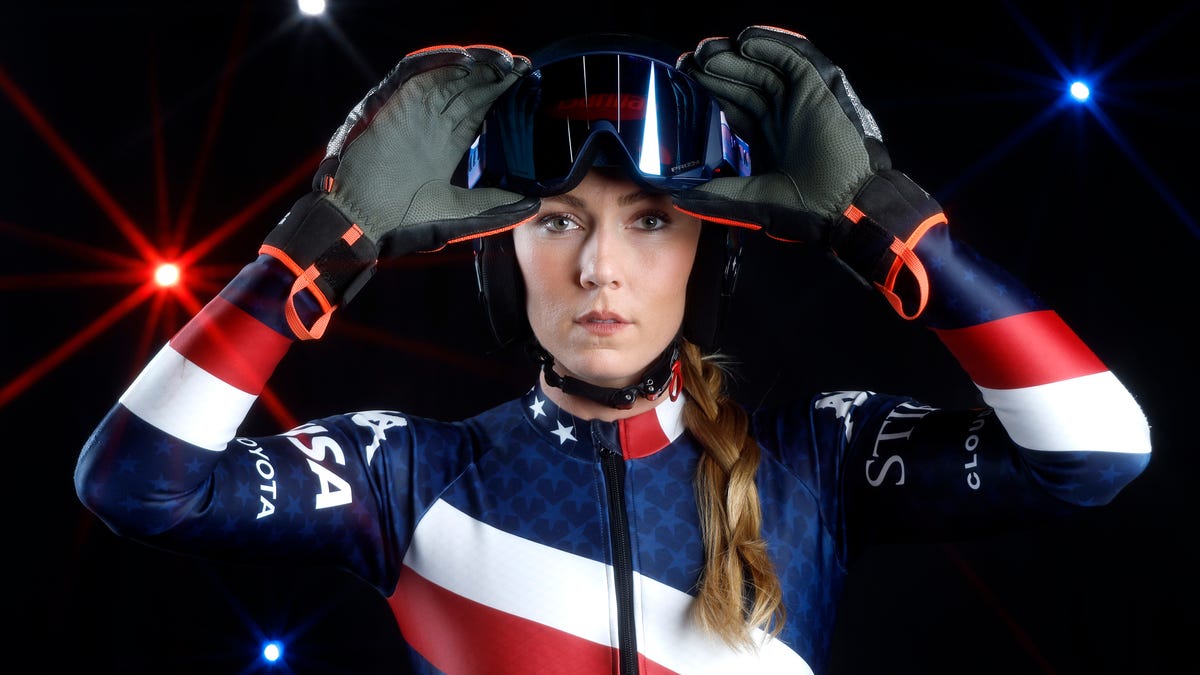 SUN VALLEY, CALIFORNIA - MAY 21: (EDITORS NOTE: A special effects camera filter was used for this image.) Alpine skier Mikaela Shiffrin of the United States poses for a photo during a Team USA Photo Shoot at Sunset Glenoaks Studios on May 21, 2025 in Sun Valley, California. (Photo by Harry How/Getty Images)