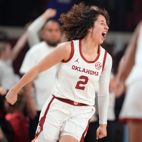 Oklahoma Sooners guard Aaliyah Chavez (2) celebrates after making a 3-pointer during an NCAA women's basketball game between the University of Oklahoma Sooners (OU) and the LSU Tigers at Lloyd Noble Center in Norman, Okla., Sunday, Jan. 18, 2026.
