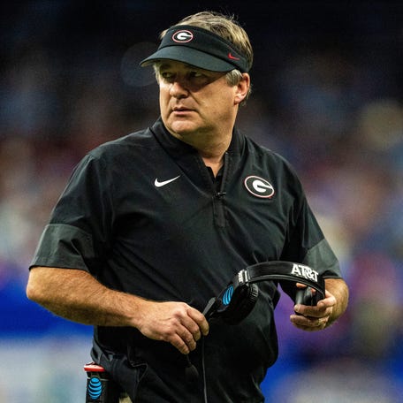 Georgia head coach Kirby Smart looks toward the field during the Sugar Bowl and College Football Playoff quarterfinals at Caesars Superdome in New Orleans, La., on Thursday, Jan. 1, 2026.