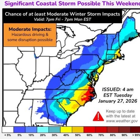 A chance of at least moderate winter storm impacts is possible along the Eastern Seaboard north of Florida through Feb. 7 at 7 p.m., according to the National Weather Service Weather Prediction Center, but the chances are greatest where the map show red and orange.