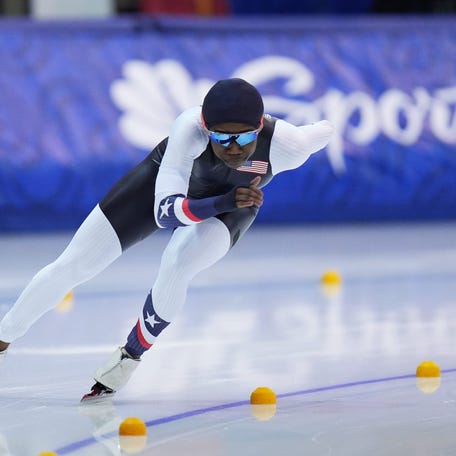 Erin Jackson competes in the women's 1,000 meters during the U.S. Olympic long track speed skating Olympic team trials on Saturday January 3, 2026 at the Pettit National Ice Center in Milwaukee, Wisconsin.