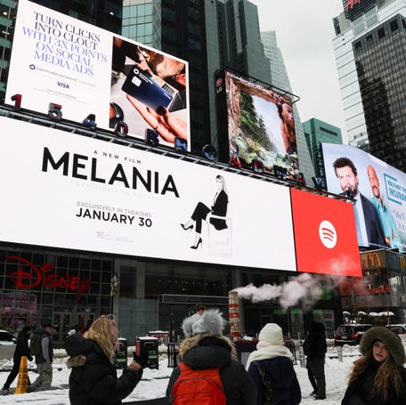 A movie poster for the documentary "Melania" featuring first lady Melania Trump is displayed in New York City on Jan. 26, 2026.