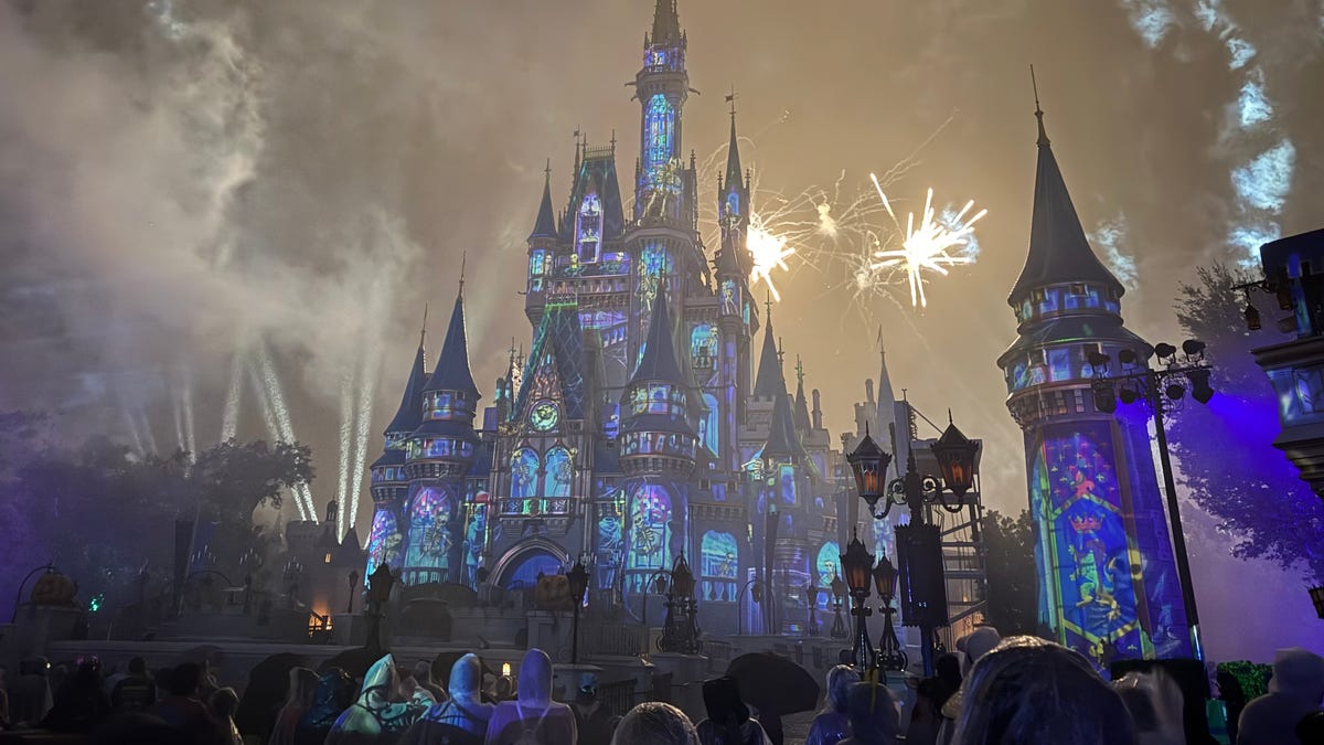 Poncho-clad guests stand in the rain to watch fireworks during Mickey's Not-So-Scary Halloween Party at Magic Kingdom on Oct. 9, 2025. While ponchos are sold across Walt Disney World, much of the year, guests should pack light ponchos for Florida's fickle weather.
