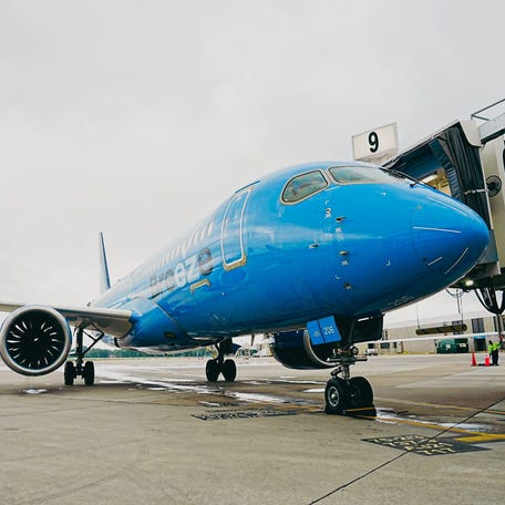 Breeze Airways plane used for their inaugural flight from Memphis International Airport to Tampa can be seen on May 7, 2025 at the Memphis International Airport in Memphis, Tenn.