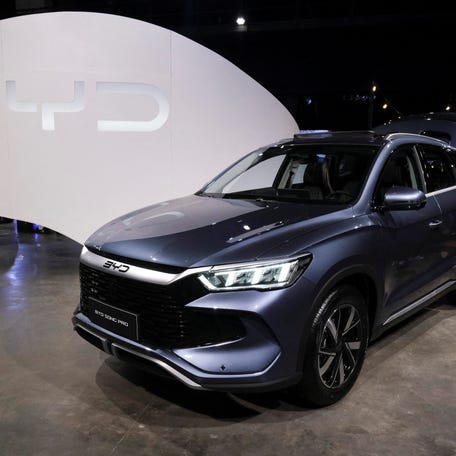 A BYD Song Pro electric vehicle is displayed during the launch event of Chinese electric vehicle (EV) maker BYD in Buenos Aires, Argentina, October 8, 2025.